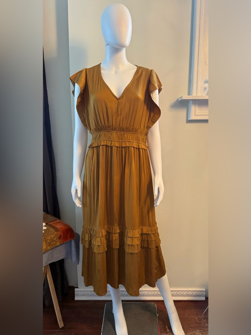 Roan + Ryan V-Neck Ruffle Hem Maxi Dress in Mustard/Copper
